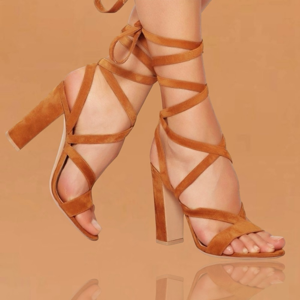 Gianvito Rossi ‘Janis’ Lace Up Heeled Sandals in Camel Suede Size 5 Model Fave